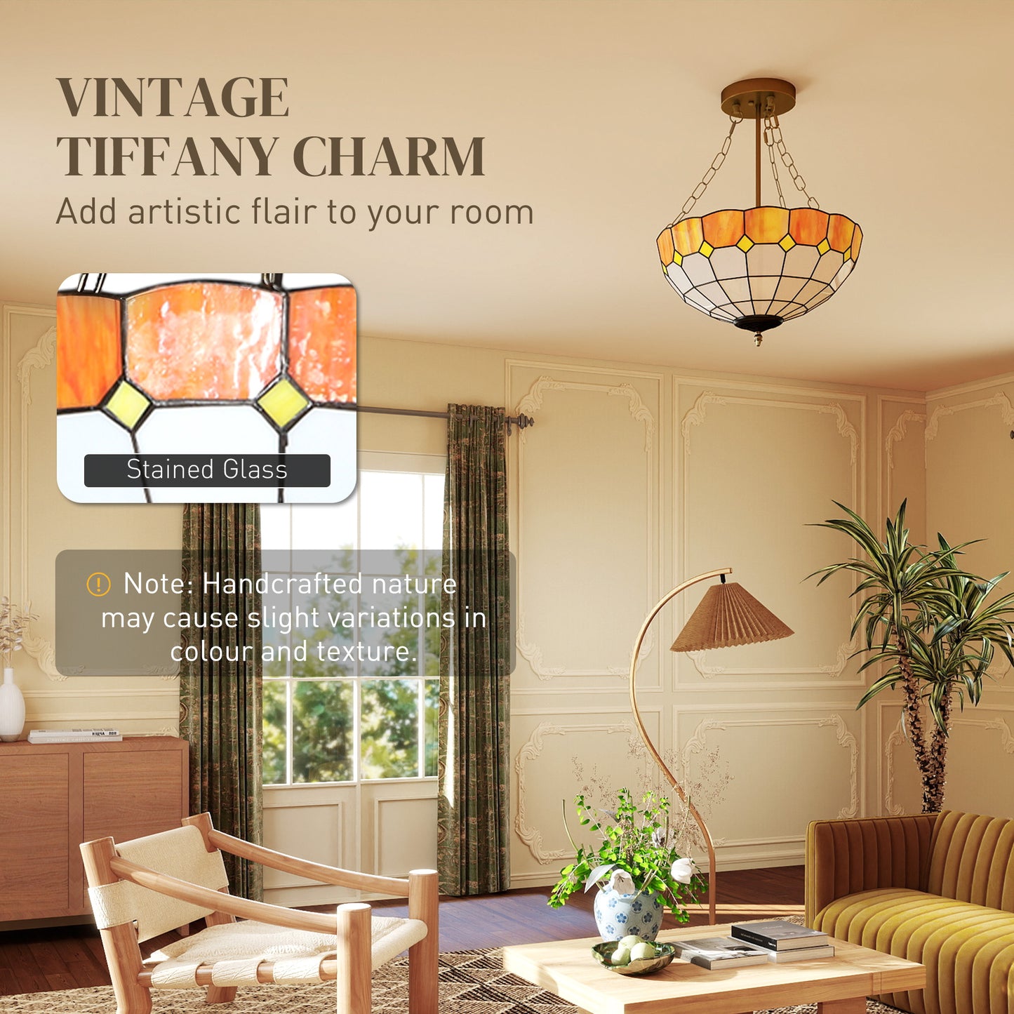Tiffany Style Ceiling Light, Vintage Chandelier with 3 E27 Sockets, Semi Flush Mount for Living Room, Bulbs Not Included