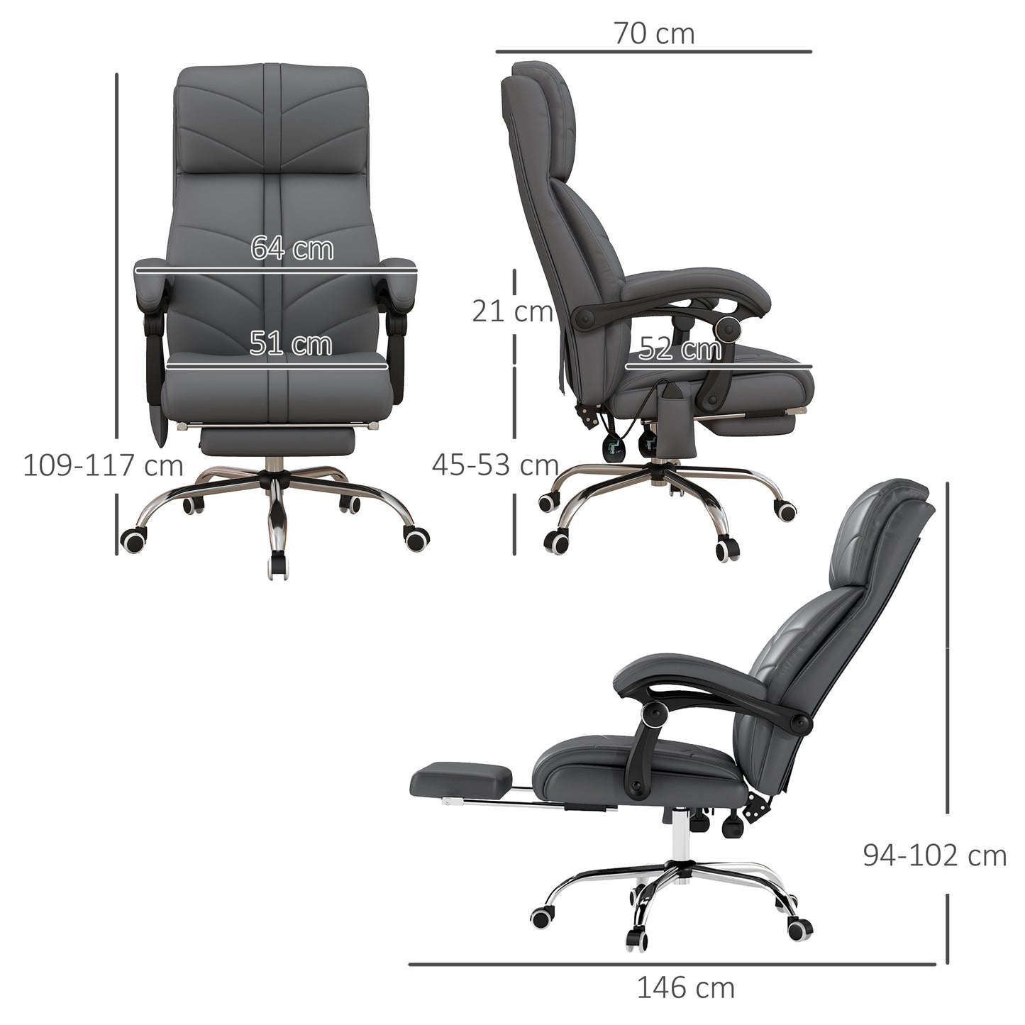 High Back Vibration Massage Office Chair, Heated Reclining PU Leather Computer Chair with Footrest, Grey