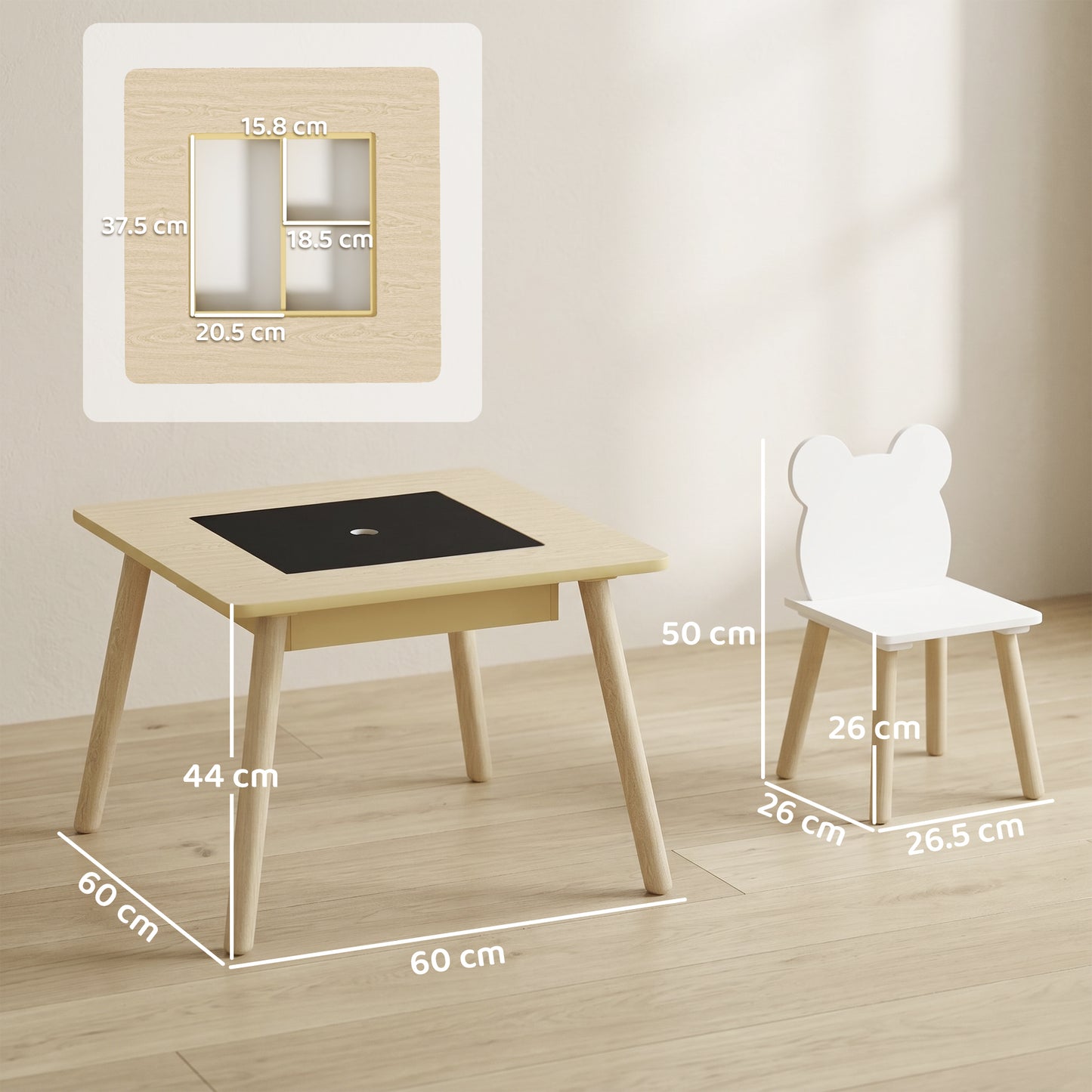 3-Piece Kids Table and Chairs Set with Convertible Desk and Storage Grid, Kids Activity Table for Nursery, Playroom