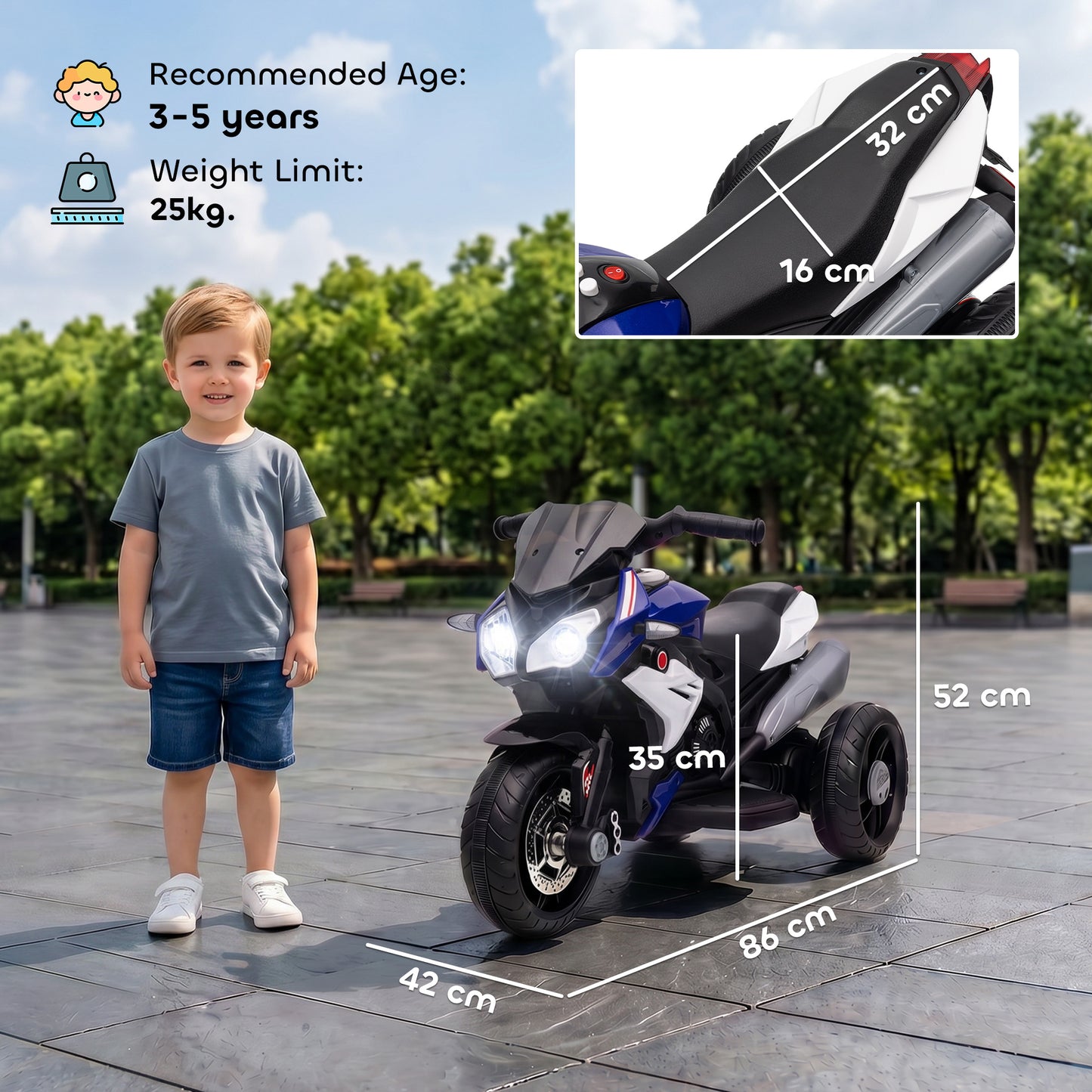 Kids Electric Motorcycle, 6V Ride on Motorcycle with 3 Wheels, LED Headlight, Music, Horn for Boys Girls 3-5 Y, Blue