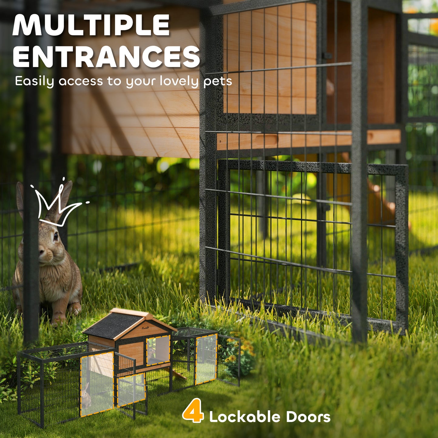 Wooden Rabbit Hutch Outdoor with Steel Run, Wooden Guinea Pig Cage with Removable Plastic Tray, Asphalt Roof, Ramp