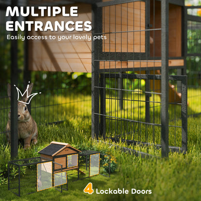 Wooden Rabbit Hutch Outdoor with Steel Run, Wooden Guinea Pig Cage with Removable Plastic Tray, Asphalt Roof, Ramp