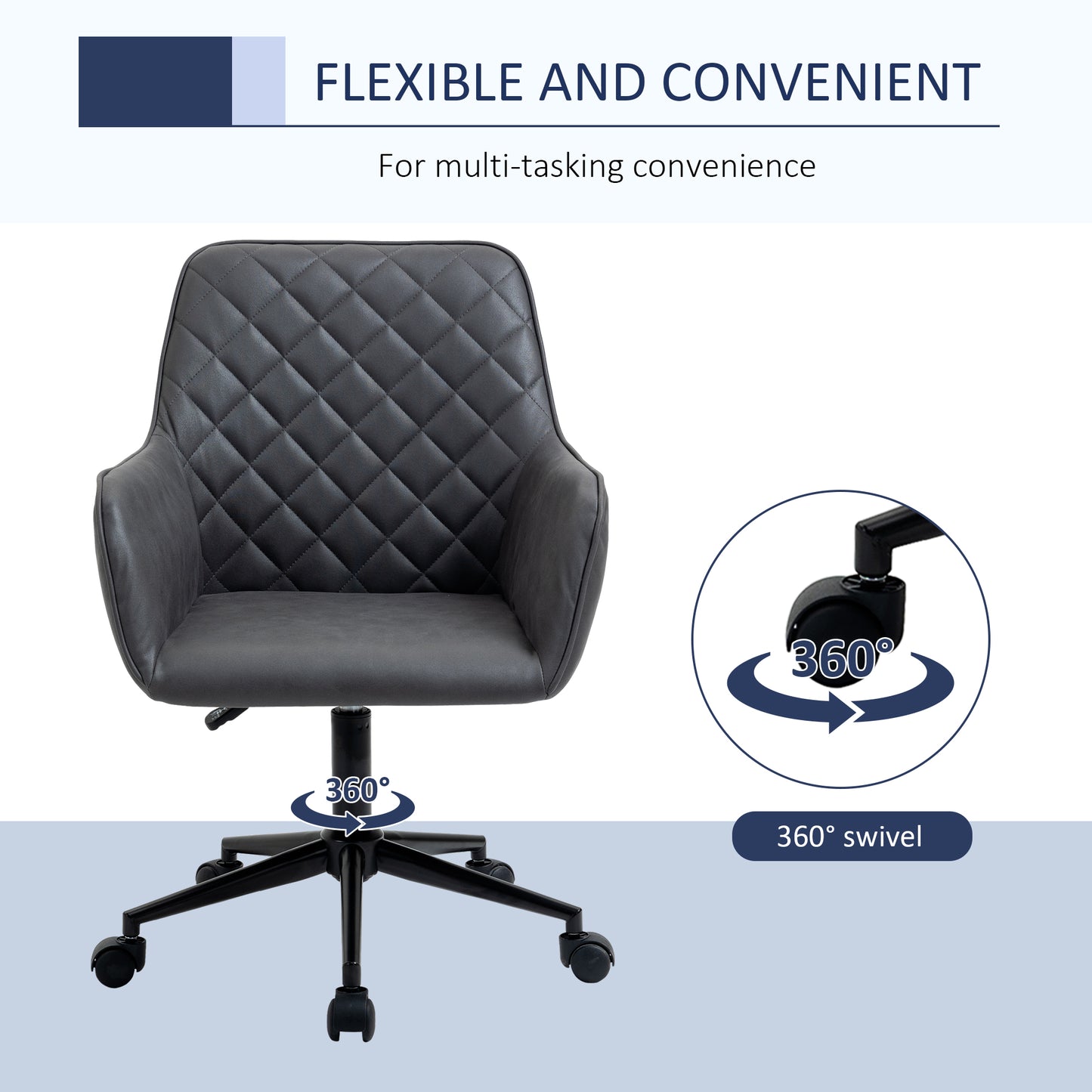 Office Desk Chair, Leather-Feel Fabric Computer Swivel Chair with Rolling Wheels and Adjustable Height for Home, Grey