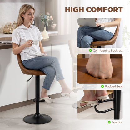 Bar Stools Set of 2, PU Leather Swivel Barstools with Backrest and Footrest for Kitchen, Counter, Breakfast Bar, Brown