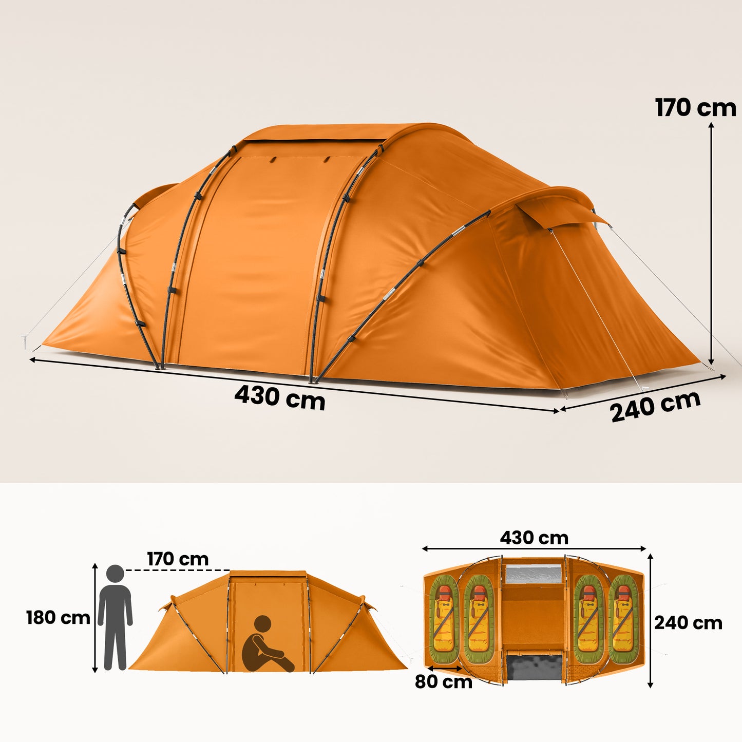 4 Man Camping Tent, UV Protection Tunnel Tent with 2 Bedrooms and Living Area, Large Hiking Sun Shelter, 430 x 240 x 170 cm