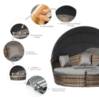 Outdoor PE Rattan Garden Furniture with Cushioned, Patio Wicker Conversation Furniture Set, Round Daybed