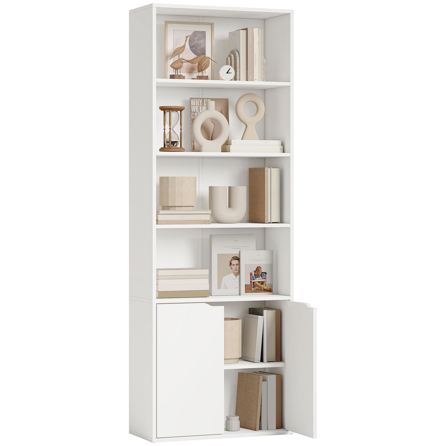 6-Tier Tall Bookcase, Bookshelf with 4 Open Shelves and Double Door Storage Cabinet