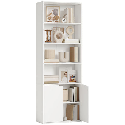 6-Tier Tall Bookcase, Bookshelf with 4 Open Shelves and Double Door Storage Cabinet
