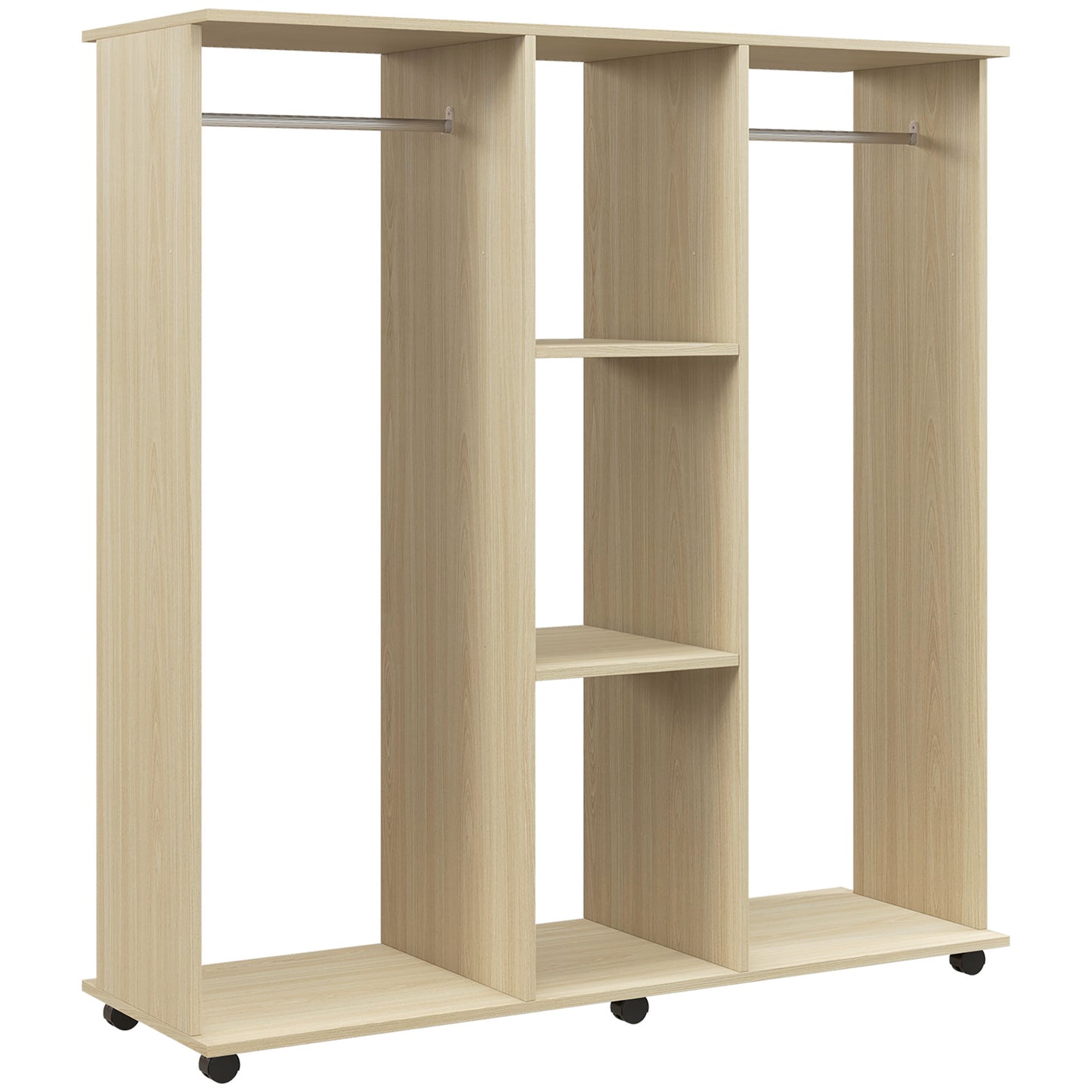 Open Wardrobe Double Mobile Storage Shelves Organizer W/6 Wheels-Natural