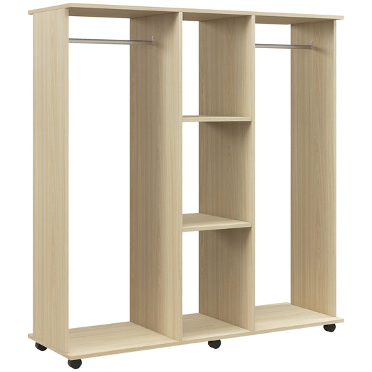 Open Wardrobe Double Mobile Storage Shelves Organizer W/6 Wheels-Natural