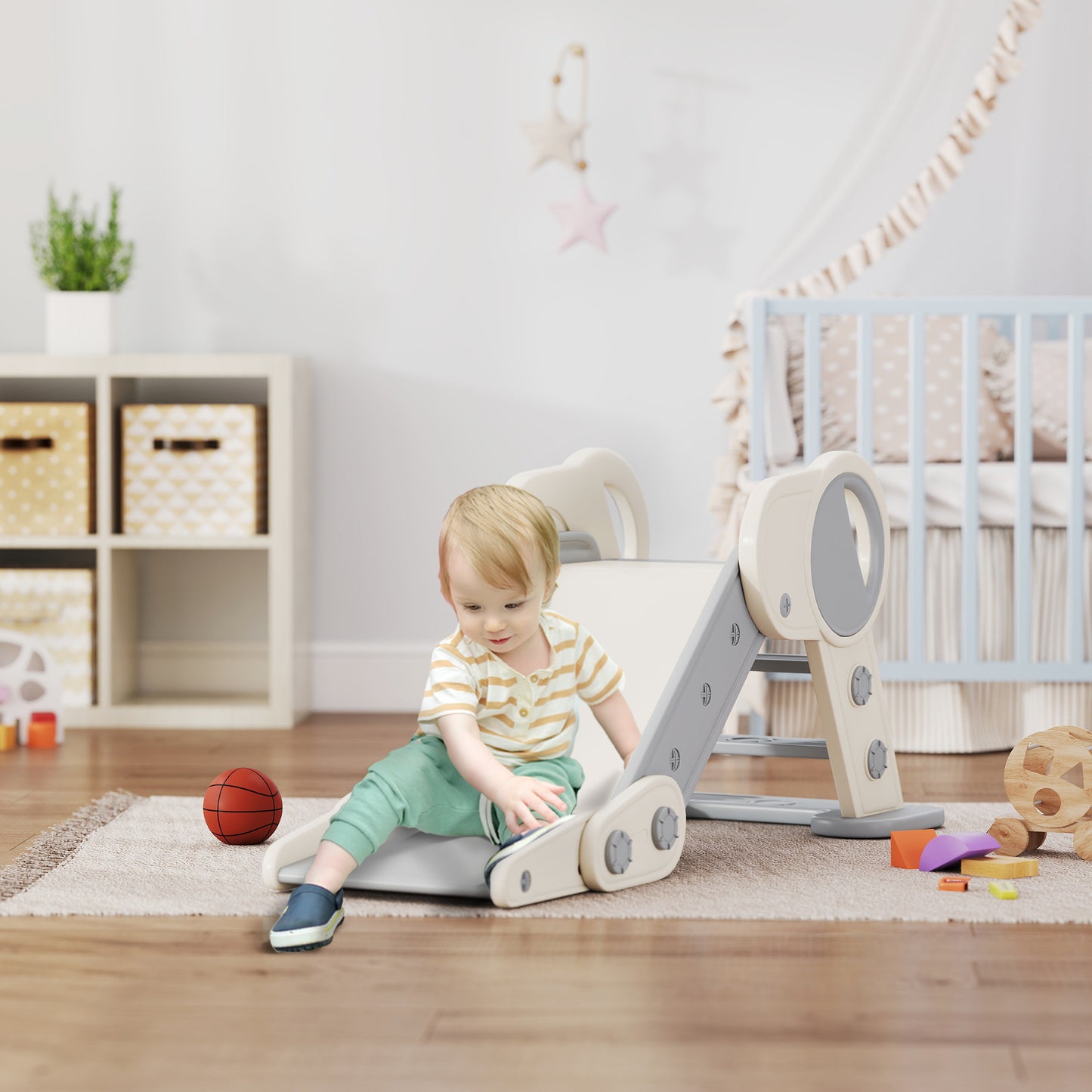 Foldable Kids Slide, Freestanding Baby Slide, for Ages 1.5-3 Years, Grey & Beige