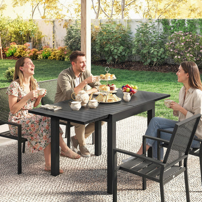 Extending Garden Table for 4-6, Aluminium Outdoor Dining Table with Faux Wood Slatted Top, Black