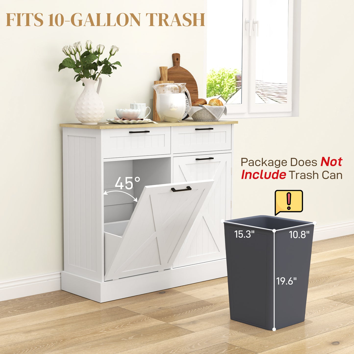 Sideboard with Tilt-out Trash Bin, Farmhouse Kitchen Sideboard with 2 Drawers, Adjustable Shelves, Door Racks, White
