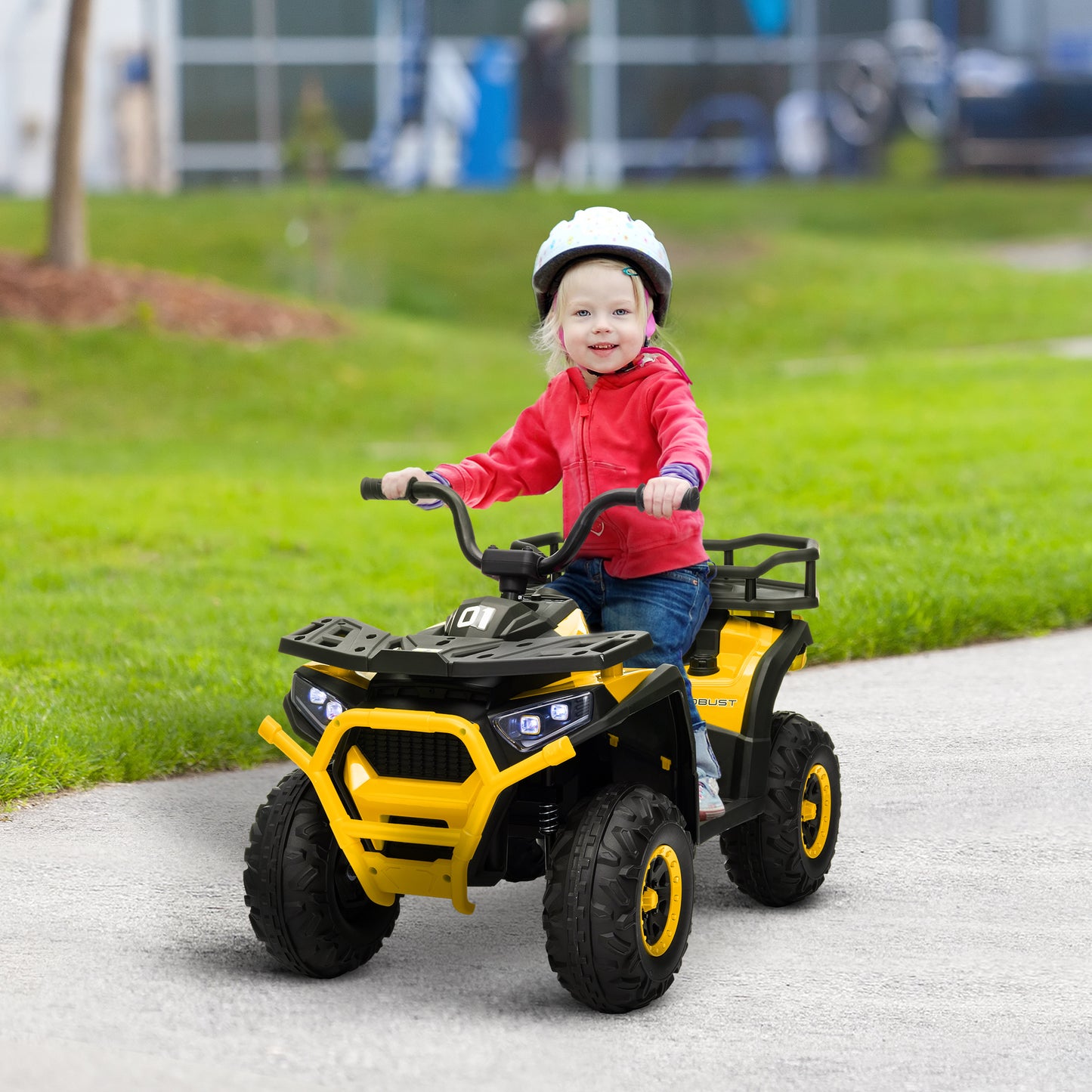 12V Kids Electric Ride on ATV, Battery-Powered Quad Bike w/ Spring Suspension, Forward Backward, Storage Basket, Yellow