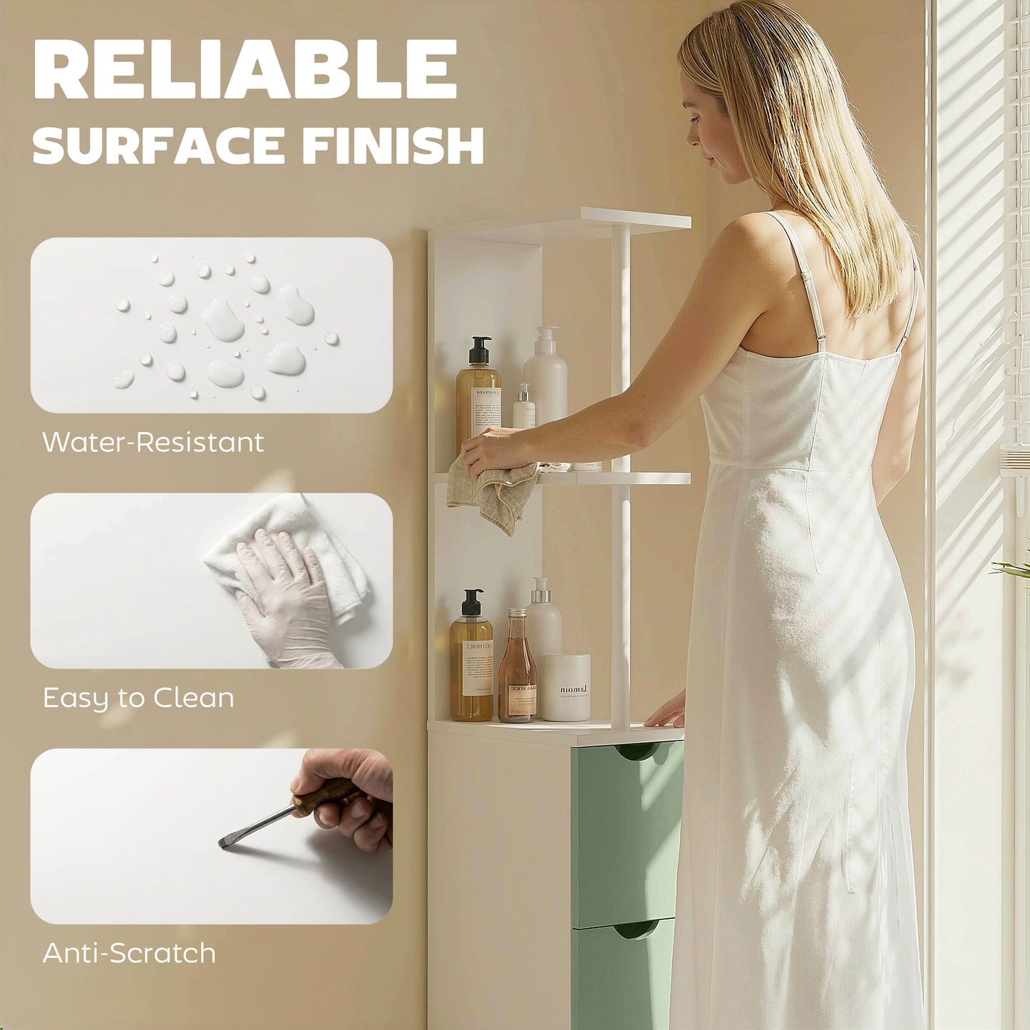 Slim Bathroom Storage Cabinet, Tall Bathroom Floor Cabinet with 2-Tier Shelf and 2 Drawers, White and Light Green
