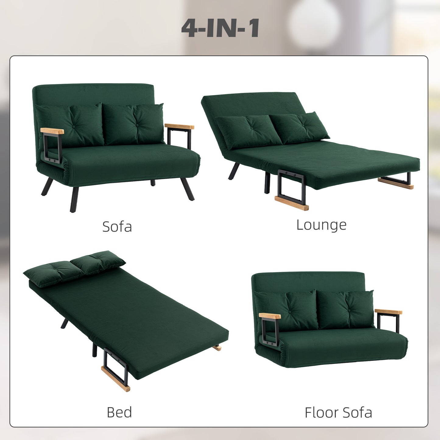 4-in-1 Velvet-Feel Double Sofa Bed, with Pillows - Green