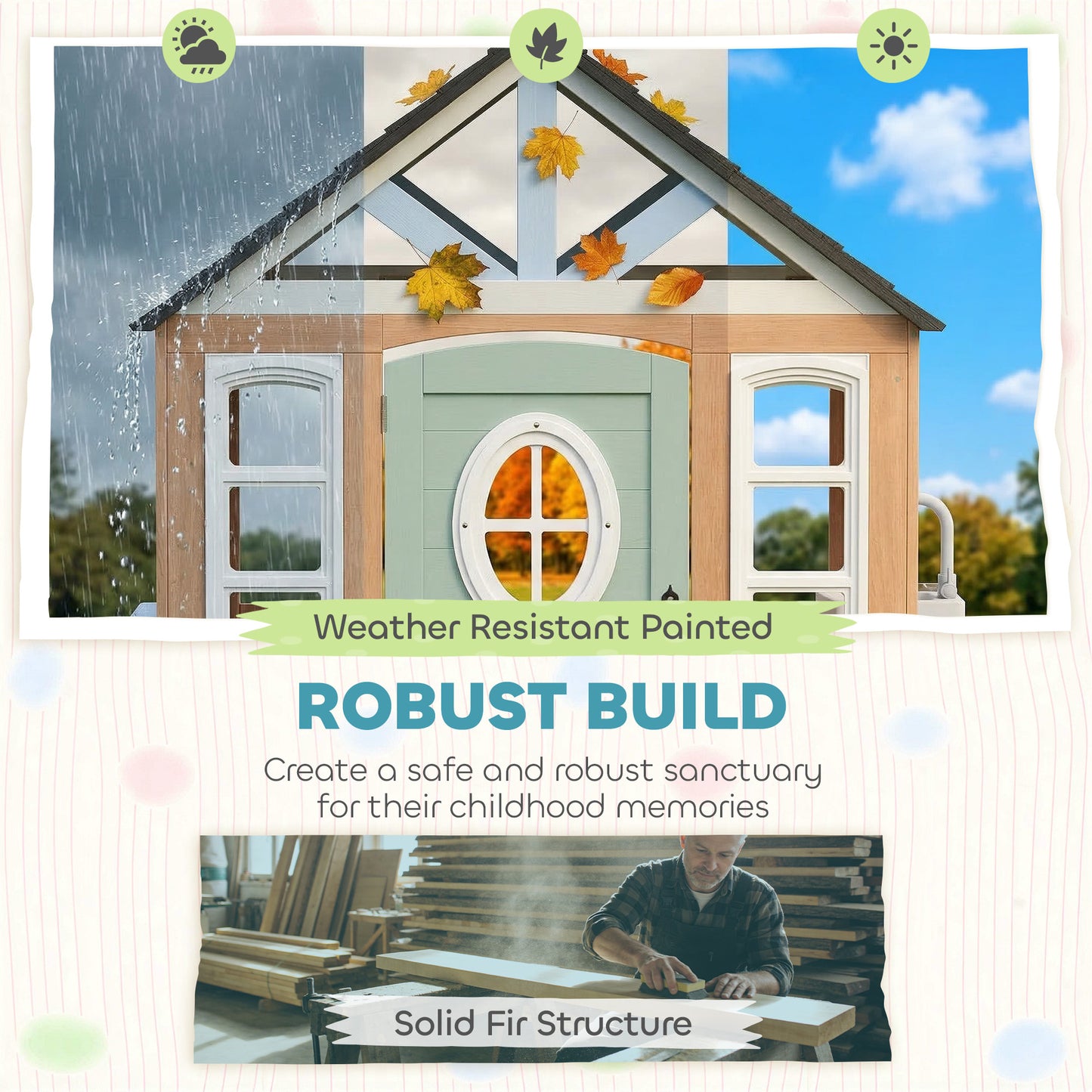 Wooden Playhouse for Kids, Wendy House with Pet Door, Play Kitchen, Half Door and Windows for Indoor Outdoor, Ages 2+