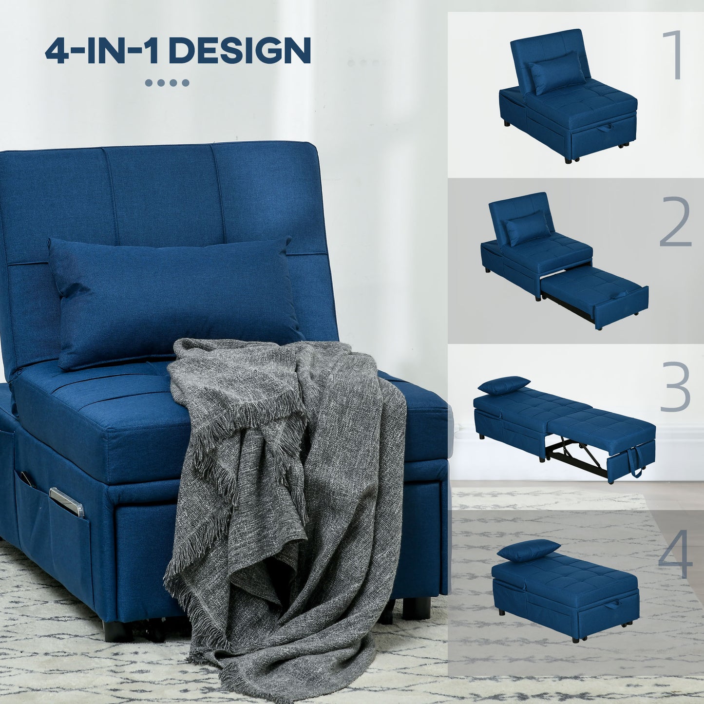 Convertible Chair Bed with Padding Seat, 4-in-1 Multi-Functional Sleeper Sofa Bed, Recliner with Adjustable Backrest
