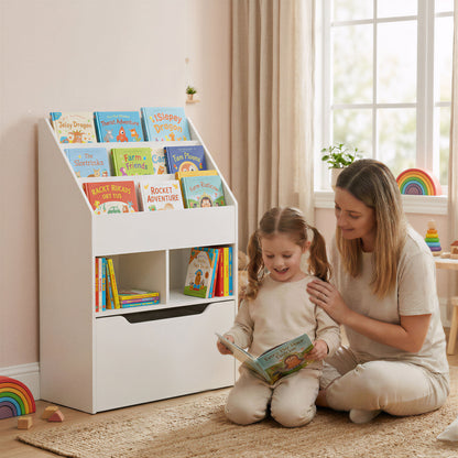Kids Bookshelf, Toy Organiser, with Storage Drawer, Wheels - White