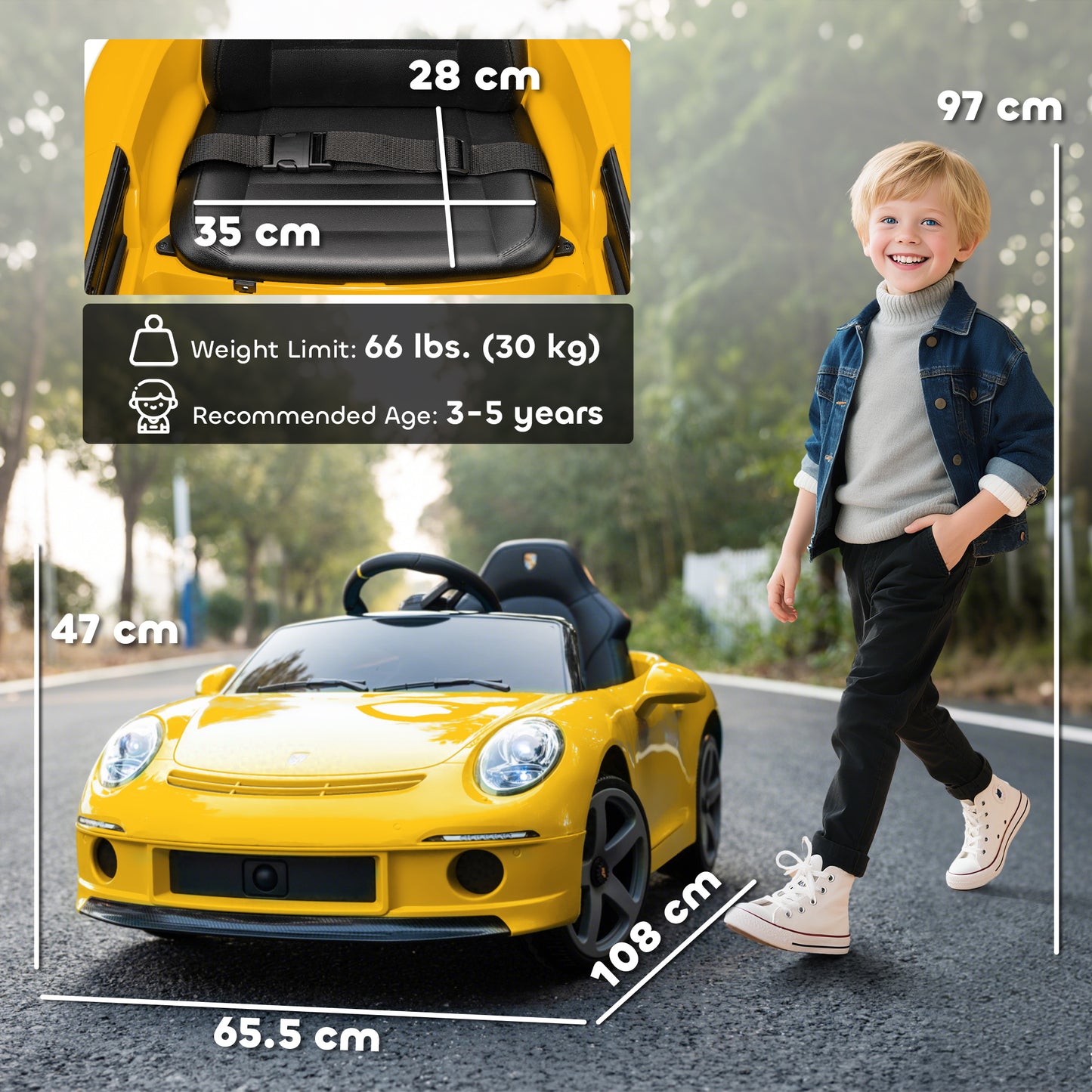 Kids Electric Car, 12V Licensed RUF GT Ride on Car with Suspension, Remote Control, Music for 3-5 Years Yellow