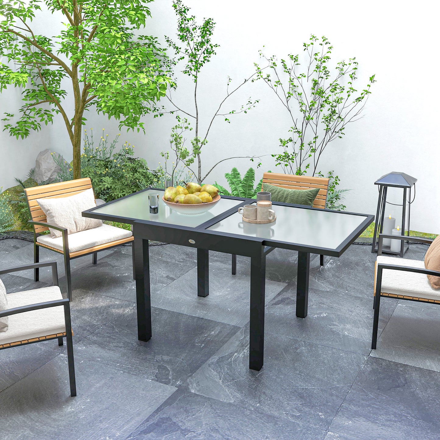 Extending Garden Table, Outdoor Dining Table with Aluminium Frame and Tempered Glass Tabletop, 80/160 x 80 x 75 cm