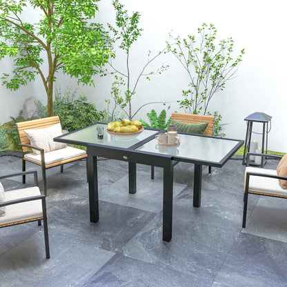Extending Garden Table, Outdoor Dining Table with Aluminium Frame and Tempered Glass Tabletop, 80/160 x 80 x 75 cm