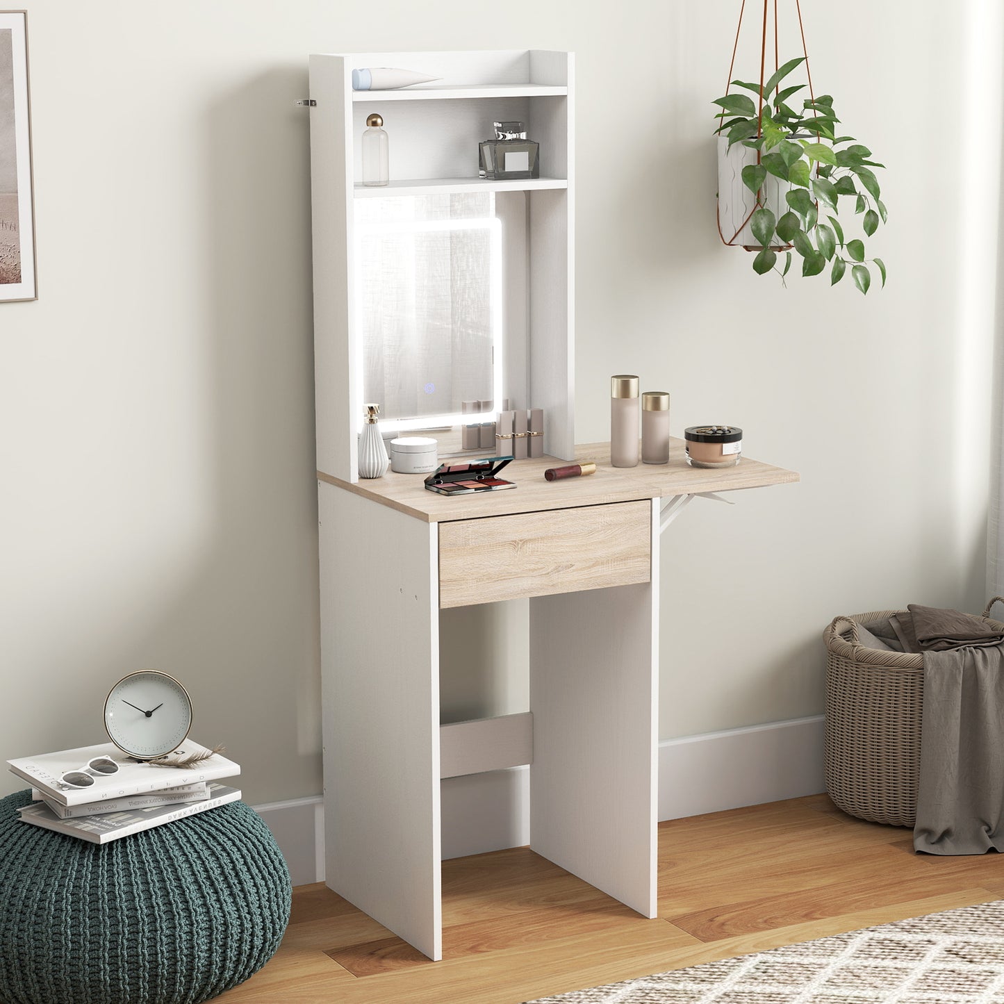 Small Vanity Desk with Mirror and LED Lights, Compact Dressing Table with Drop Leaf, Open Shelves and Drawer, White