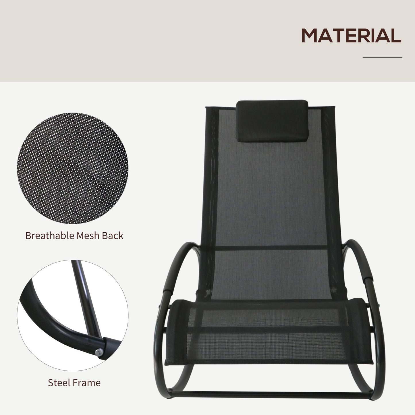 Rocking Chair Sun Lounger Recliner Rocker Texteline Fabric Patio Garden Relaxer with Pillow, Black