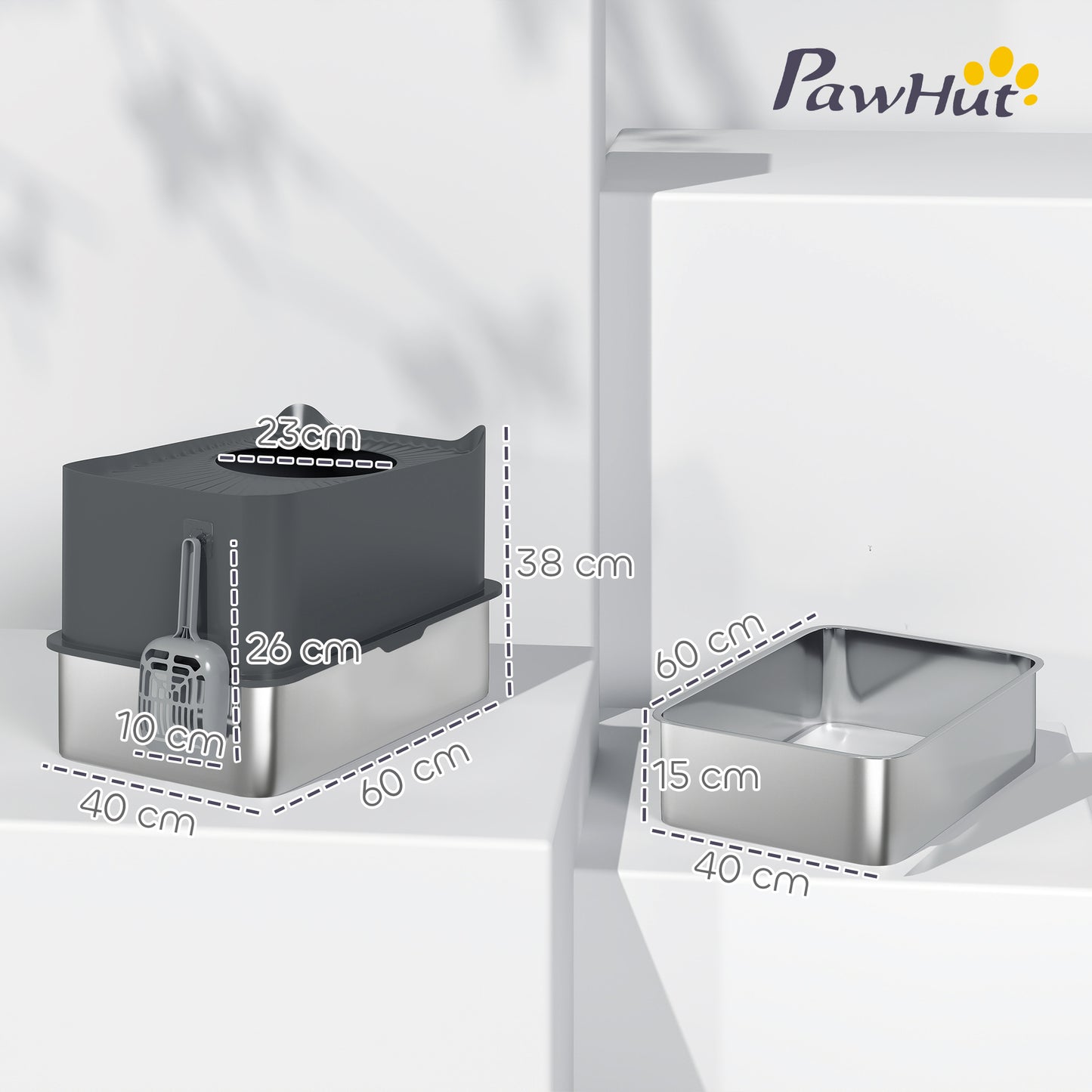 Stainless Steel Cat Litter Tray, Extra Large Enclosed Litter Box with Scoop, Top Entrance, Non-slip Pads, Dark Grey