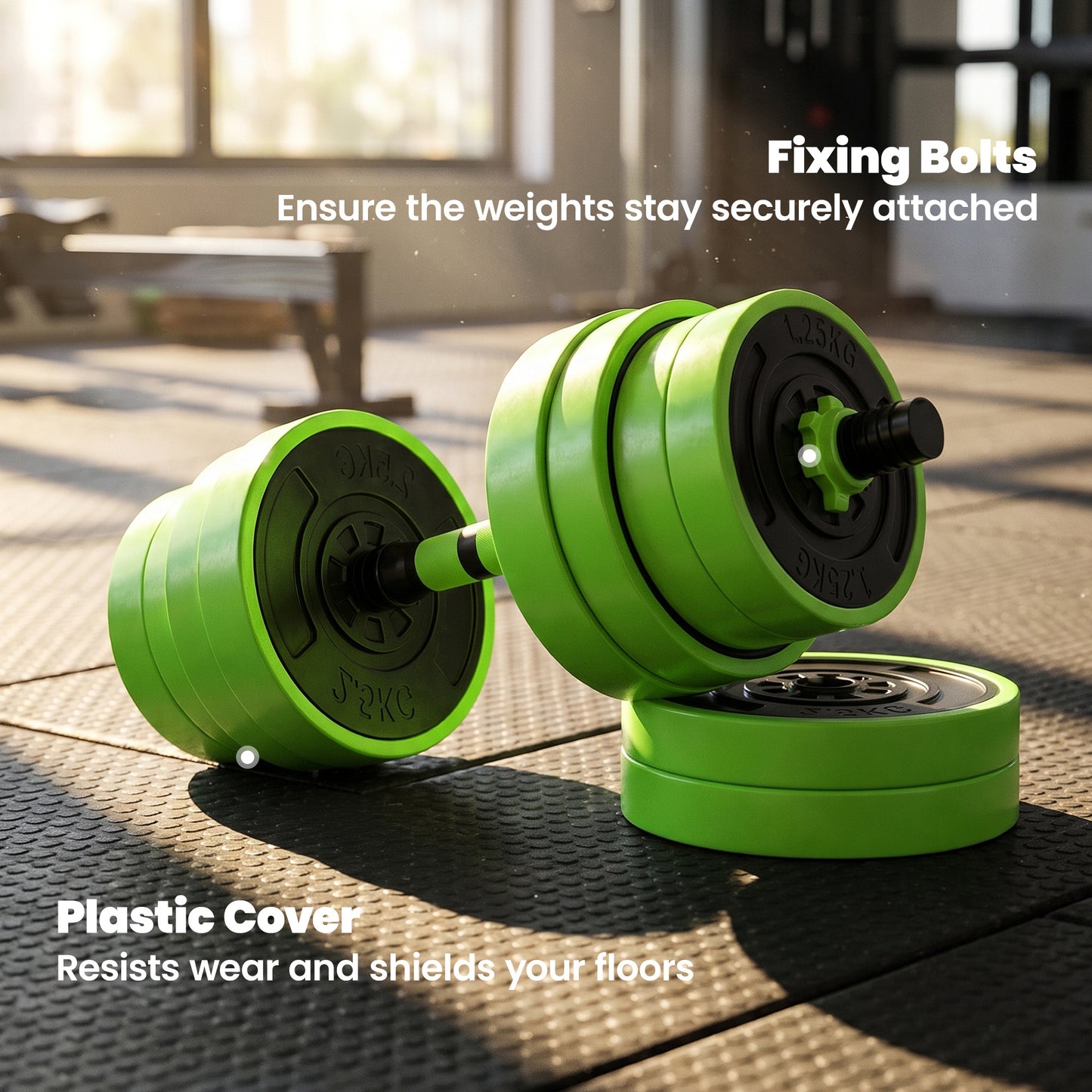 30kg 6-In-One Adjustable Weight Dumbbells Set, Barbell, Kettlebell, Push Up Stand - Green