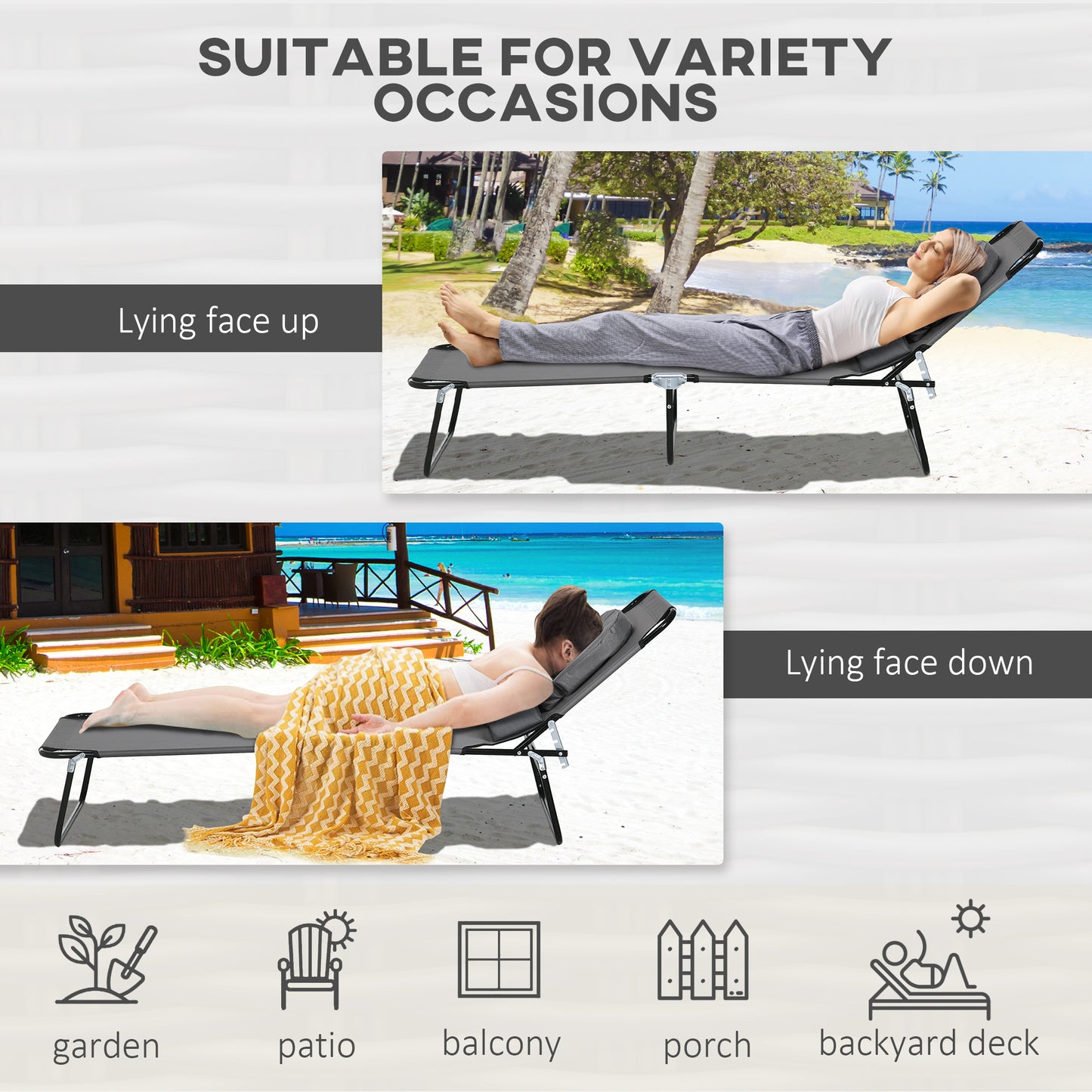 Folding Sun Loungers Set of 2 with Face Hole, 4-Position Adjustable Backrest Garden Recliner Chair Sunbed