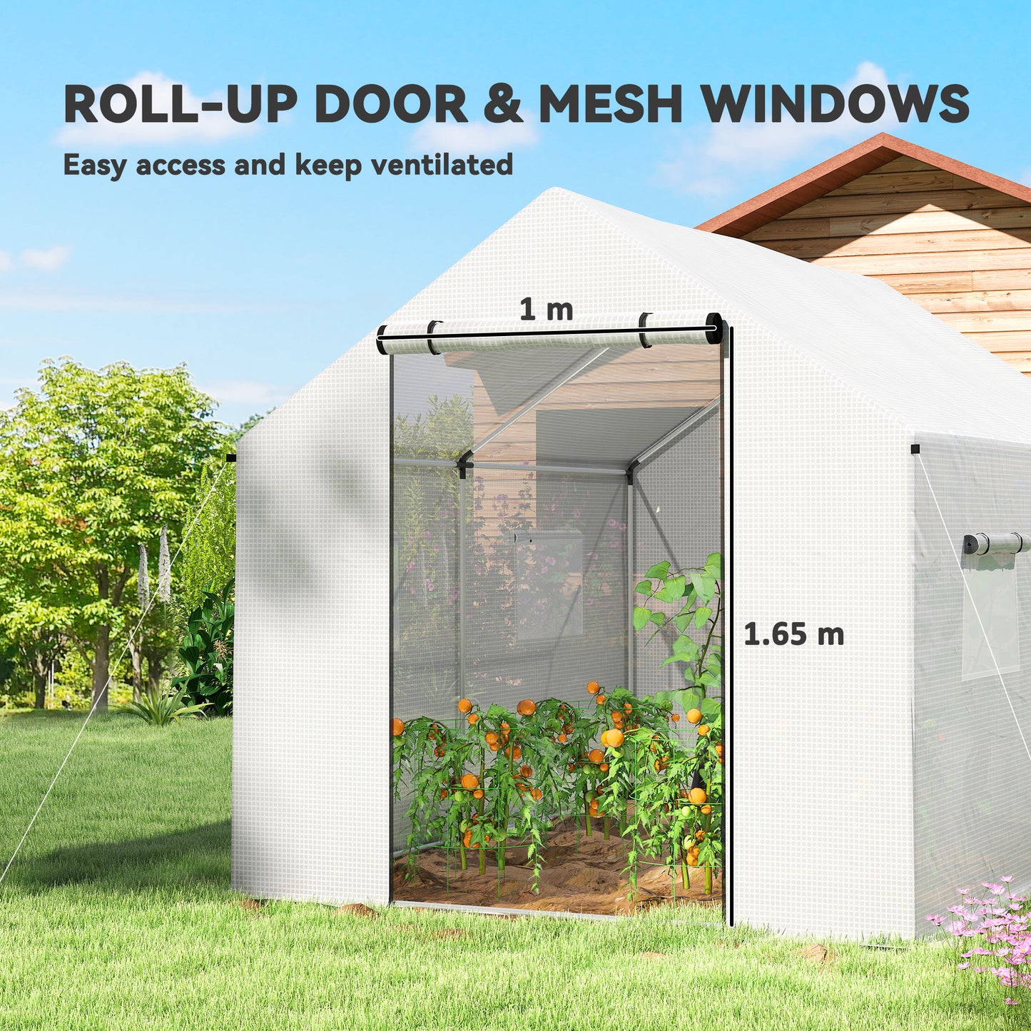 Polyethylene Walk-in Polytunnel Greenhouse with Roll-up door and UV-resistant plastic cover, 2 x 3(m), White