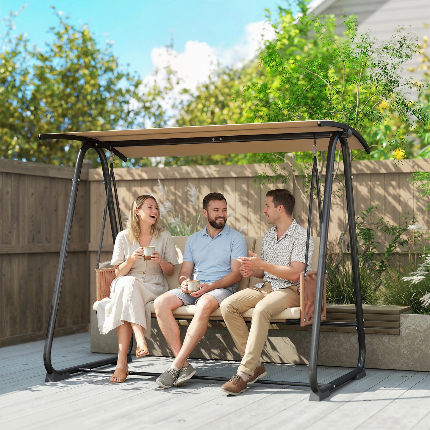 3 Seater Swing Chair with Adjustable Canopy, 360 kg Garden Swing Seat Outdoor Hammock Bench with Cushions, Sand Brown