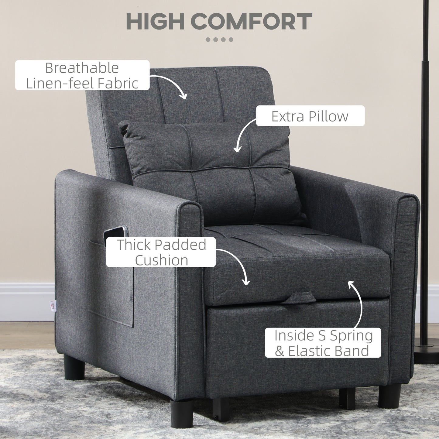 3-In-1 Linen-Look Single Chair Bed with Adjustable Back & Eucalyptus Wood Sofa Frame - Grey