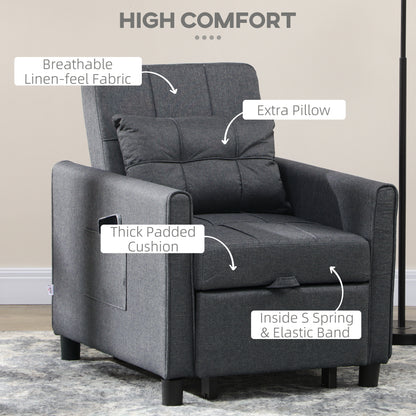 3-In-1 Linen-Look Single Chair Bed with Adjustable Back & Eucalyptus Wood Sofa Frame - Grey