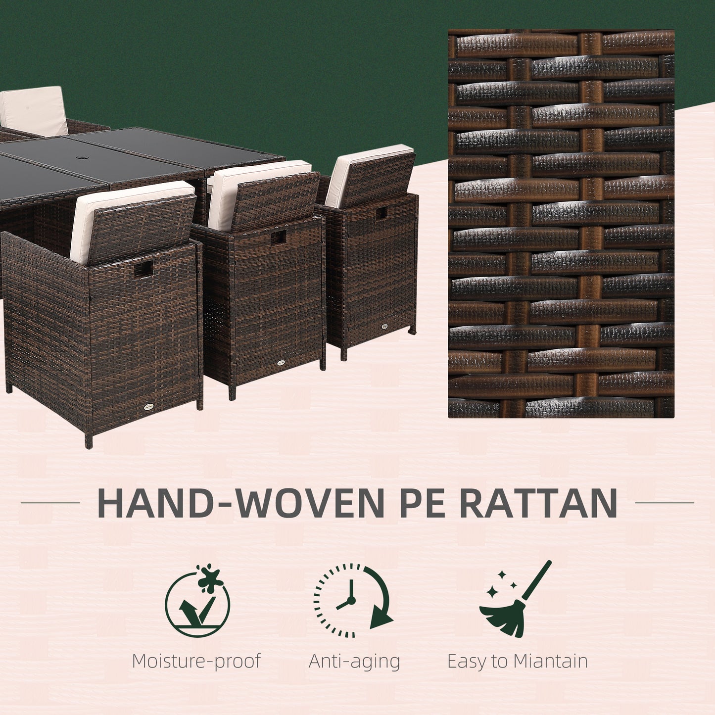 10 Seater Rattan Cube Garden Furniture Set with Parasol Hole, Rattan Dining Set with Cushions