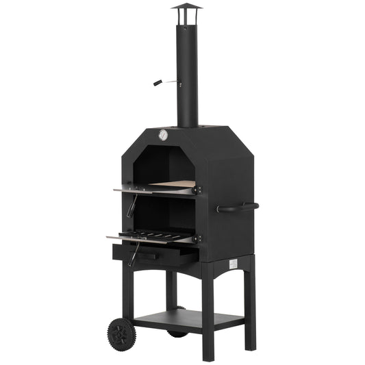 Outdoor Garden Pizza Oven Charcoal BBQ Grill 3-Tier Freestanding w/ Chimney, Mesh Shelf, Thermometer Handles