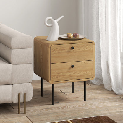 Bedside Table with 2 Drawers and Steel Legs - Oak