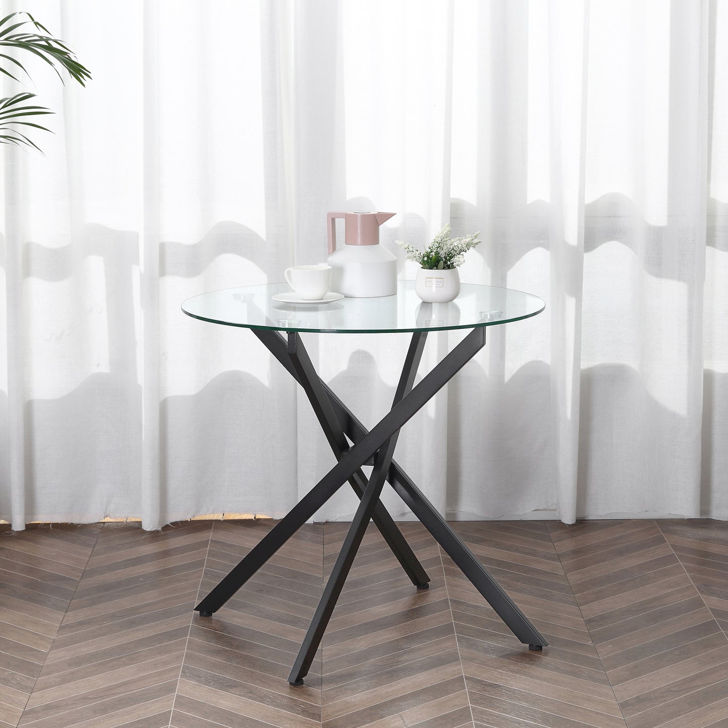 Dining Table with Clear Tempered Glass Top, Round Table with Metal Legs, Modern Kitchen Table for Dining Room Living Room