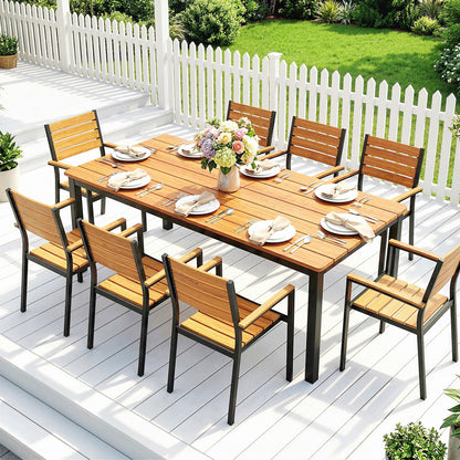 Garden Dining Table for 6-8 Person, 180 x 86 cm Rectangular Outdoor Dining Table with Wood Slatted Top, Teak