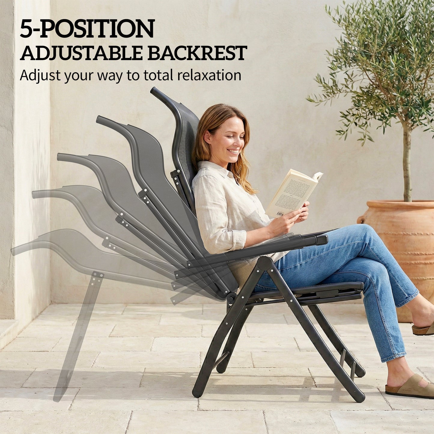 Reclining Garden Chairs Set of 2 with High Back, Retractable Footrest, Dark Grey