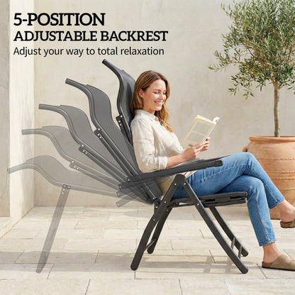 Reclining Garden Chairs Set of 2 with High Back, Retractable Footrest, Dark Grey