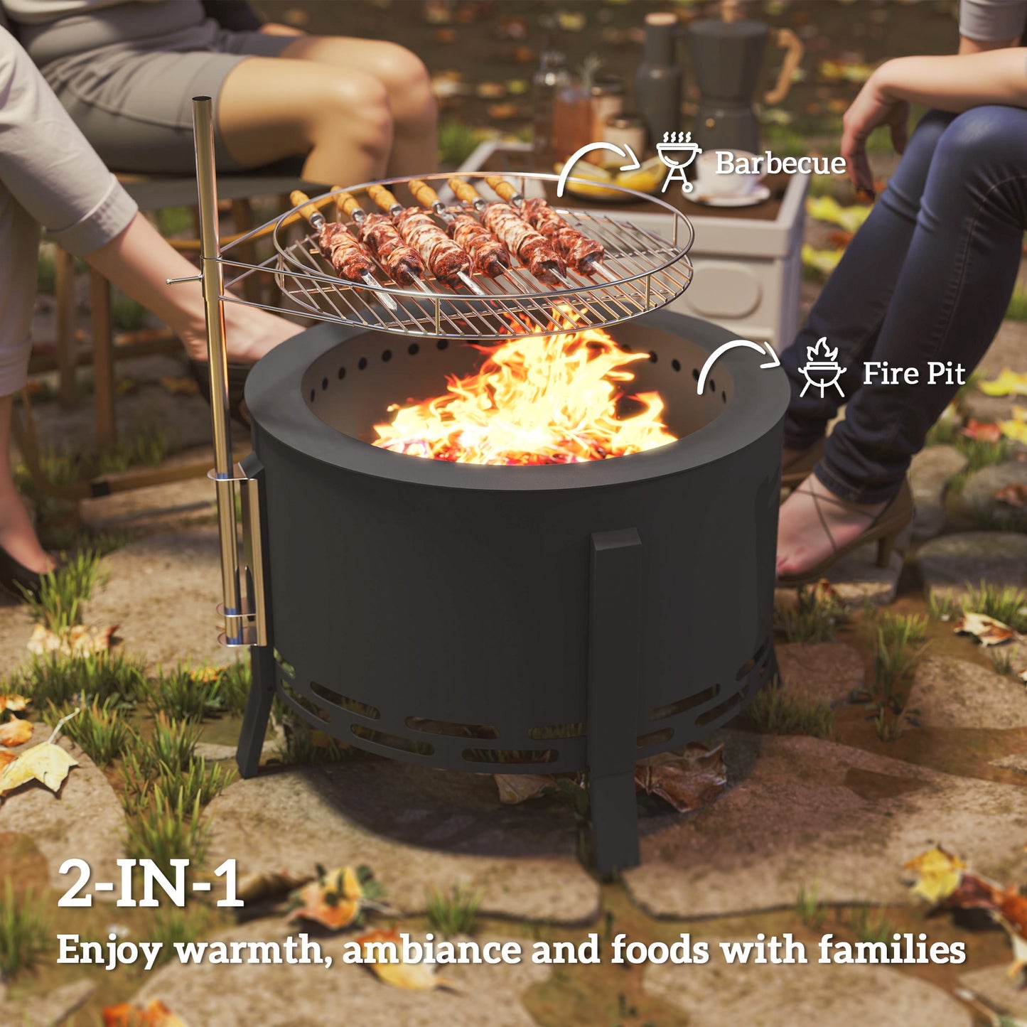 Portable Fire Pit, 58 cm Round Firepit with Grill Grate, Fire Bowl with Ash Catcher and Poker