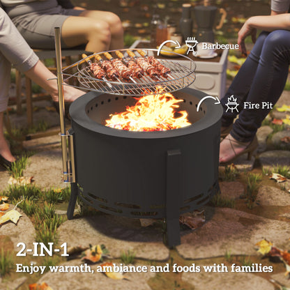 Portable Fire Pit, 58 cm Round Firepit with Grill Grate, Fire Bowl with Ash Catcher and Poker