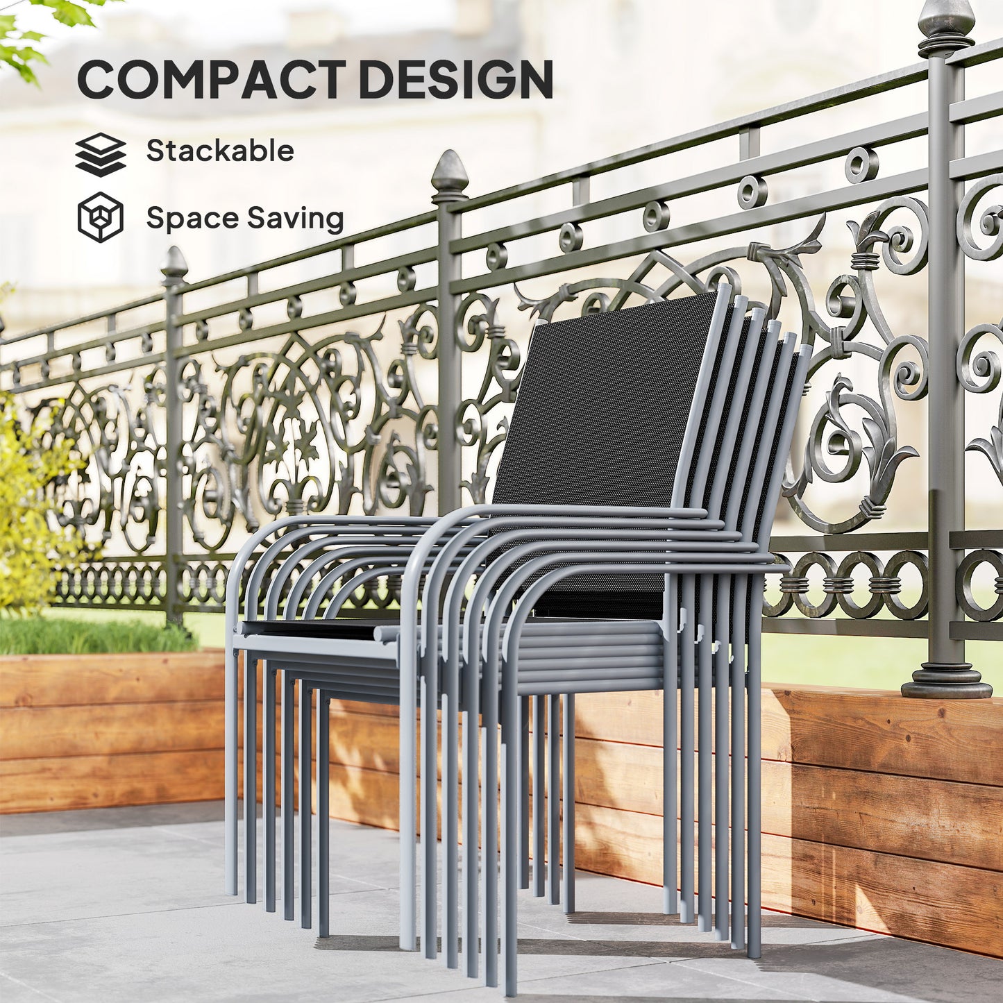 7 Piece Outdoor Garden Dining Set with Table and 6 Stackable Chairs, Steel Frame, Tempered Glass Top, Mesh Seats, Black