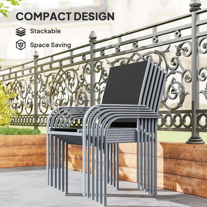 7 Piece Outdoor Garden Dining Set with Table and 6 Stackable Chairs, Steel Frame, Tempered Glass Top, Mesh Seats, Black