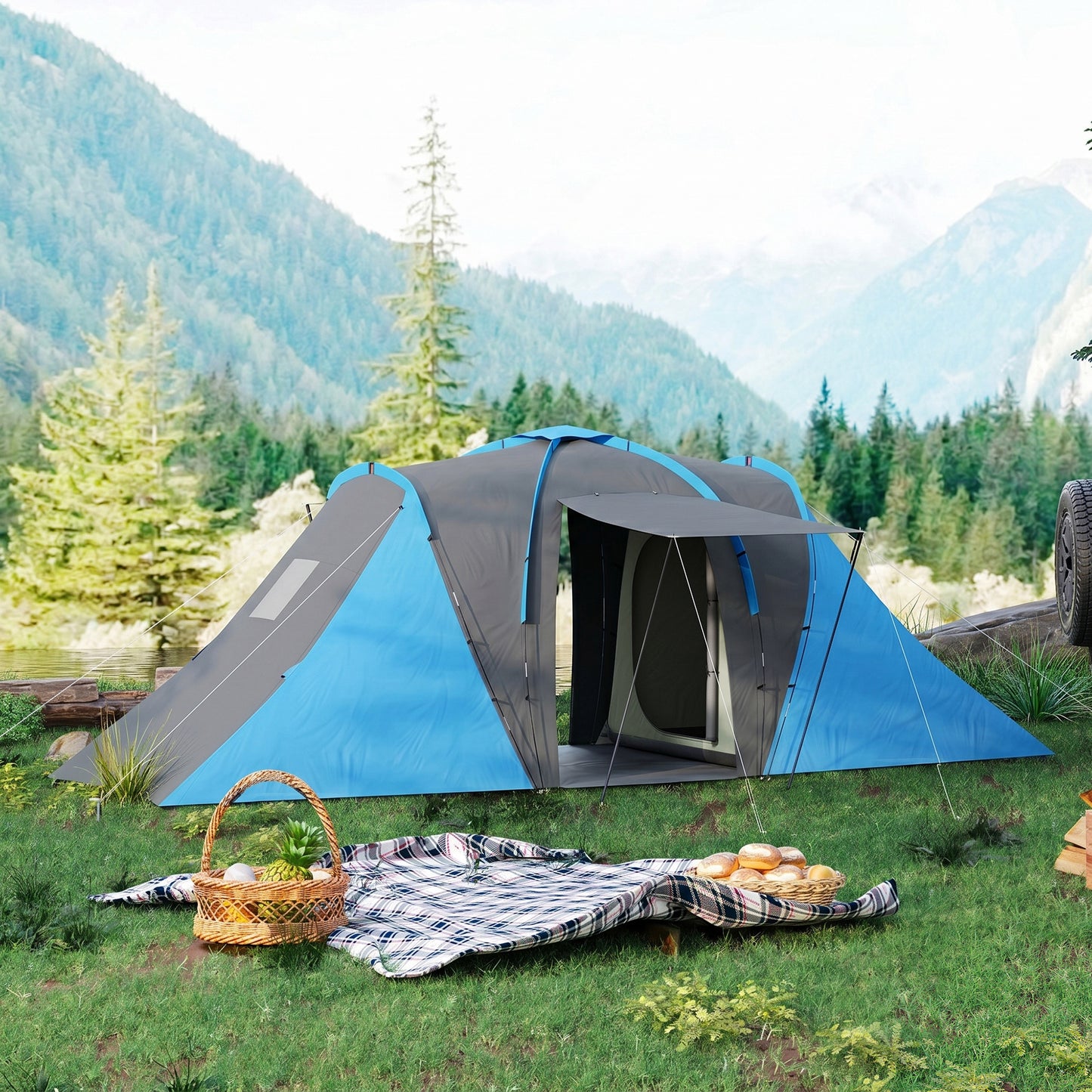 Large Camping Tent Tunnel Tent with 2 Bedroom and Living Area, 2000mm Waterproof, Portable with Bag for 4 Man, Blue