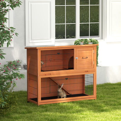 Two-Tier Antiseptic Wood Rabbit Hutch, 102cm Guinea Pig Hutch with Run - Orange