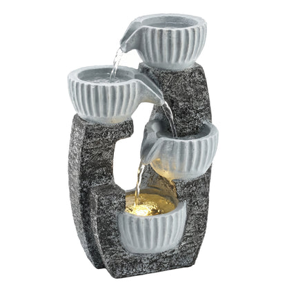 4-Tier Bowl Water Feature, Indoor Outdoor Garden Water Fountain with Pump and LED Lights, Resin Cascading Waterfall
