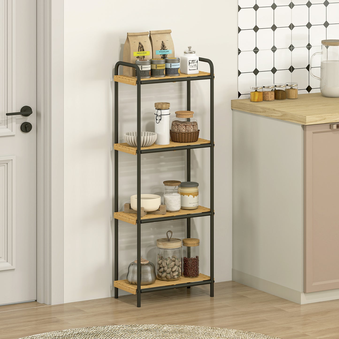 4-Tier Bamboo Bathroom Storage Shelf, Freestanding Narrow Shelving Unit